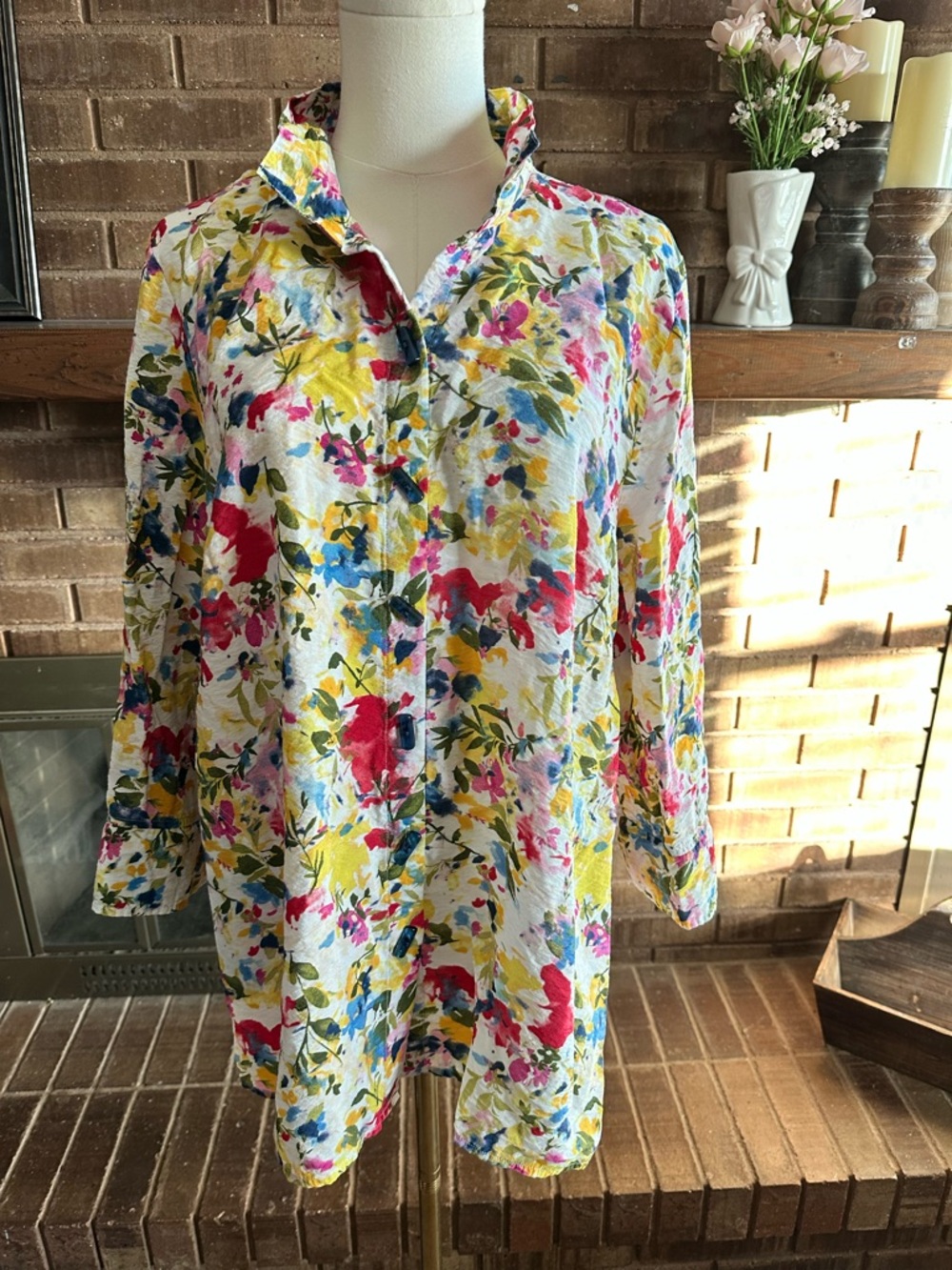 Ali Miles Wire Collar Floral Crinkle Button Front Tunic Shirt Back Toggle XL - Picture 1 of 7